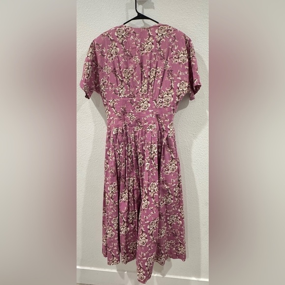Vintage Herman Geist 100% Cotton Floral Retro Fit Maxi Purple Cream Dress 12 - Picture 9 of 14